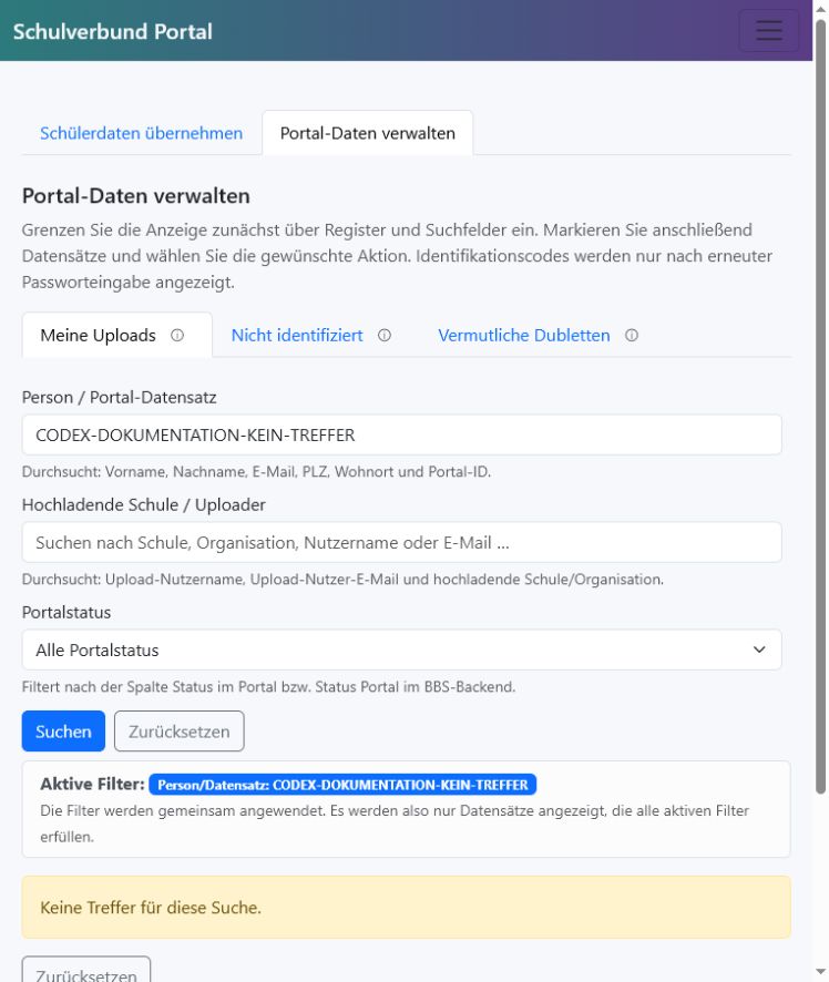 Portal-Datenverwaltung mit Registern, Suchfeldern und Auswahlaktionen